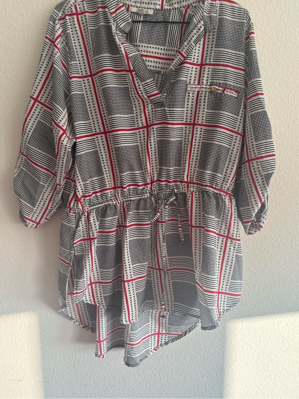 Women’s Black & White Plaid Drawstring Tunic with Red Accents